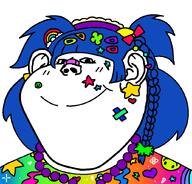 blue_hair closed_mouth colorful female hair_ornament rainbow smile sticker subvariant:female_impish_ears subvariant:impish_decora variant:impish_soyak_ears // 836x800 // 111.3KB
