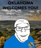 badge cloud feather flag glasses grass happy irl_background nature oklahoma rock shield smile soyjak stubble text tree variant:feraljak // 1009x1196 // 1.1MB