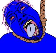 ack bloodshot_eyes blue blue_skin crying death glasses hair hanging looking_up mustache noose open_mouth purple_hair rope series:gigachadhero's_colorful_troonjaks soyjak stubble suicide tongue tongue_out tranny variant:bernd white_background yellow_teeth // 768x719 // 29.7KB