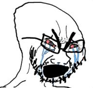 bloodshot_eyes crying distorted glasses large_eyebrows open_mouth soyjak stubble thumbnail_(file) variant:cryboy_soyjak // 231x218 // 8.8KB