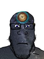 bald blue_eyes clock closed_mouth dark_skin glasses glowing neutral space stubble subvariant:neutralplier time universe variant:markiplier_soyjak white_background // 600x800 // 458.7KB