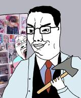 2soyjaks american_psycho anime arm axe book clothes distorted drawn_background eyebrows glasses hair hand holding_axe holding_object imminent_death irl_background jared_leto mustache necktie patrick_bateman paul_allen pink_eyes post purple_hair redraw scared smile smug soyjak stubble suit teeth_showing tranny ttd variant:bernd variant:chudjak // 830x999 // 185.7KB