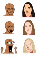 3soyjaks brown_skin closed_mouth excited eyes_popping female glasses hand hands_up open_mouth soyjak stubble subvariant:waow tongue variant:soyak white_skin yellow_teeth // 631x917 // 155.5KB