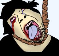 ack artist:crimsonvoidhydra1488 ashley_graves blood blood_from_eyes blood_from_mouth bloodshot_eyes clothes crying gore hair hanging looking_up noose open_mouth rope soyjak stubble suicide the_coffin_of_andy_and_leyley tongue tranny variant:bernd white_skin // 768x719 // 150.1KB