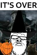 2soyjaks animal cat closed_eyes closed_mouth clothes ear glasses halloween hat irl_background its_over mustache orange_skin pumpkin smile soyjak stubble text variant:a24_slowburn_soyjak variant:impish_soyak_ears witch yellow_eyes // 530x796 // 343.7KB