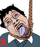 ack aids bloodshot_eyes blue_shirt clothes collar crying eyebrows faggot gay glasses hair monkeypox open_mouth ribbon rope scott_pilgrim soyjak stubble tan_skin tongue variant:bernd wallace_wells yellow_teeth // 768x902 // 35.7KB