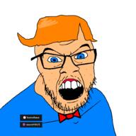 angry blue_eyes blue_shirt bowtie clothes discord freckles glasses jbmod mustache open_mouth orange_hair soyjak stubble teeth variant:feraljak white_skin // 1500x1500 // 46.8KB