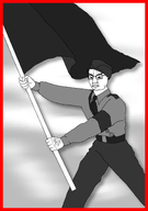armband belt belt_buckle black_hair black_pants blurred_background bushy_eyebrows fascism flag flag:black frame glasses grey_shirt hand holding_flag kepi lips meta:norway_won meta:template nasjonal_samling necktie no_ears pole propaganda propaganda_poster red_frame shoulder_ranks shoulder_strap variant:chudjak vein wrinkles // 3526x5025 // 1.0MB