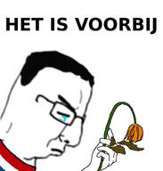 closed_eyes closed_mouth clothes crying dutch dutch_text flower frown glasses hand its_over plant sad side_profile soyjak text variant:chudjak // 659x692 // 93.0KB