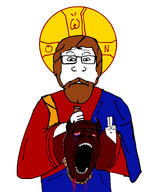 2soyaks ack beard beheaded blood bloodshot_eyes clothes crying decapitation demon glasses greek_text hair halo hanged holding_object horn jesus_christ nose open_mouth robe rope satan subvariant:neutralplier teeth text variant:isaac variant:markiplier_soyjak // 2041x2560 // 950.9KB