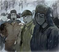 4soyjaks art artist:shemmysloota cigarette clothes drawing glasses hat looking_at_you meta:tagme open_mouth snow ushanka variant:chudjak variant:kuzjak variant:markiplier_soyjak variant:soyak // 948x837 // 1.1MB