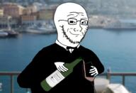 arm blurred_background bottle bowtie classy closed_mouth glass glasses hand holding_bottle holding_soylent irl_background rich smile smug soy soyjak soylent soylent_bottle stubble torso tuxedo variant:soyak wine // 1000x680 // 498.3KB
