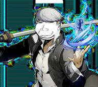 anime arm clothes ear eyelids glasses glitch hair hand jacket megami_tensei no_eyebrows persona small_eyes smile soyjak stubble subvariant:massjak subvariant:wholesome_soyjak sword variant:gapejak white_hair yu_narukami // 587x524 // 522.0KB