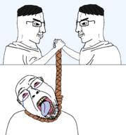 arm bloodshot_eyes closed_mouth clothes crying dead glasses hair hand handshake handsome hanging looking_at_each_other open_mouth rope series:chud's_hitman side_profile smile smug soyjak stubble template tongue variant:bernd variant:chudjak yellow_teeth // 1560x1677 // 59.8KB
