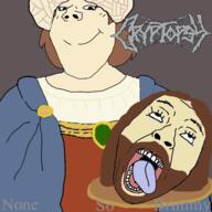 2soyjaks act beard brown_beard brown_hair christianity closed_mouth clothes cryptopsy death_metal decapitation female hat john_the_baptist metal_(music) none_so_vile open_mouth salome soyjak subvariant:gapejak_female teeth text tongue variant:bernd variant:gapejak white_skin // 600x600 // 191.4KB