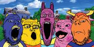 5soyjaks angry animal background backyardigans blue_skin glasses hair hippopotamus house moose open_mouth orange_skin penguin pink_skin purple_skin rabbit sky soyjak soyjak_quintet stubble template the_backyardigans tongue tv_show variant:et variant:gapejak variant:markiplier_soyjak variant:tony_soprano_soyjak yellow_skin // 2000x1000 // 1.6MB