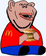 amerimutt arm body clothes ear hand lips mcdonalds mutt open_mouth red_shirt shoe soyjak stubble subvariant:impdrink united_states variant:impish_soyak_ears // 1674x2048 // 759.4KB