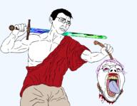 SOVL beard beheaded blood body buff classical_art_parody closed_mouth clothes david_and_goliath gem gemerald glasses gore hair holding_object looking_down neck nose open_mouth pink_hair stubble sword teeth teeth_showing tongue tongue_out tranny troon troonella variant:bernd variant:chudjak variant:gapejak variant:isaac white_skin wrinkles yellow_teeth ywnbaw // 2400x1862 // 314.7KB
