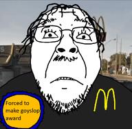 aliased award black_shirt detrans fill_tool frown glasses hair irl_background logo mcdonalds no_gaps sad teeth variant:bernd worker // 1024x1000 // 185.1KB
