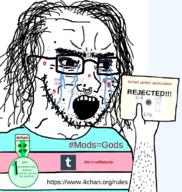 4chan acne anime arm badge bloodshot_eyes clothes crying flag glasses hair hand holding_object makeup nose_piercing open_mouth paper soyjak stubble text tranny tumblr variant:soyak // 965x1016 // 562.2KB