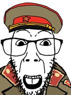 admin clothes coat collar_tabs collared_coat communism epaulettes glasses hammer_and_sickle hat hat_ornament jacket kuz military military_hat military_uniform open_mouth peaked_cap soviet_army_uniform soviet_union soyjak star_(symbol) star_hat_ornament stubble subvariant:dykeson variant:dylanjak // 960x1280 // 338.9KB