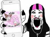 acab arm blush christianity clothes cross egirl female goth hair hand holding_object holding_phone iphone kuromi lipstick long_hair makeup my_melody necklace nose_piercing nose_ring painted_nails phone pink_hair police sanrio soyjak subvariant:female_markiplier subvariant:phoneplier subvariant:phoneplier_vertical variant:markiplier_soyjak // 1080x804 // 84.4KB