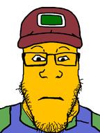 artist:sneedolf_chuckler beard cap closed_mouth clothes farmer glasses hat neutral overalls sneed soyjak stubble subvariant:neutralplier variant:markiplier_soyjak // 600x800 // 104.9KB