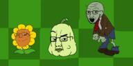 3soyjaks brown_skin closed_mouth clothes cross_eyed female femjak flower full_body glasses green_skin necktie open_mouth orange_skin plant plants_vs_zombies smile soyjak squash stubble subvariant:gapejak_female sunflower suspicious variant:chudjak variant:gapejak variant:soyak video_game wart zombie // 4000x2000 // 546.3KB