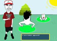 3soyjaks ash_ketchum closed_mouth clothes drawn_background fakemon full_body glasses grass hair holding_object licking_lips millions_must_die open_mouth pokeball pokemon shoe shorts sock stubble subvariant:chudjak_front sun text tongue tree tshirt variant:chudjak variant:cobson variant:markiplier_soyjak video_game // 1788x1278 // 175.6KB