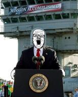 american_flag clothes george_bush_jr glasses irl mission_accomplished navy necktie podium president soyjak stubble suit united_states us_navy variant:a24_slowburn_soyjak // 600x749 // 53.0KB