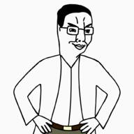 arm closed_mouth clothes coat glasses hair hand hands_on_waist redraw smile smug soyjak suit variant:chudjak // 1000x1000 // 61.8KB