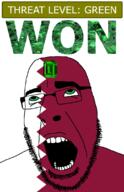 ahegao country emerald flag flag:qatar gem glasses green green_eyes hair looking_up open_mouth qatar schlog_color_event soyjak soyjak_blog stubble teeth text threat_level_green variant:cobson won // 721x1115 // 161.3KB