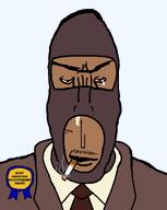award balaclava bloodshot_eyes booger brown_skin cigarette clothes crying mask moustache necktie obsessed red red_jacket red_tie reliable_excavation_demolition smoke spy spy_(tf2) subvariant:euromutt suit suit_and_tie team_fortress_2 text variant:markiplier_soyjak white_shirt // 1039x1300 // 40.7KB