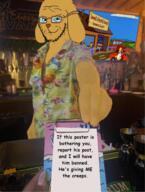 arm ban bar bartender clothes dog ear glasses hand holding_object irl_background janny nas:sneed paper report smile smug sneed soyjak stubble subnas:chuck subvariant:soyak_(smug) tag text the_simpsons variant:bartender variant:soyak // 1075x1428 // 1.6MB