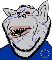 amerimutt anglomutt ear eternal_anglo europe european_union fangs flag flag:european_union grey_skin open_mouth pointy_ears soyjak star_(symbol) stubble subvariant:impish_amerimutt variant:impish_soyak_ears vein yellow_teeth // 598x688 // 125.3KB