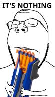 arm closed_eyes closed_mouth firearm glasses gun hand holding_gun holding_object holding_shotgun its_over large_mouth nerf soyjak stubble subvariant:wholesome_soyjak suicide text variant:gapejak weapon // 600x1053 // 247.0KB