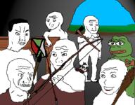 amphibian angry arrow axe bow_(weapon) caveman chud clenched_teeth closed_mouth clothes crying frog green_skin hair holding_axe holding_object nas:pepe nas:wojak open_mouth pepe pepe_the_frog variant:chudjak variant:wojak wojak // 400x313 // 56.4KB