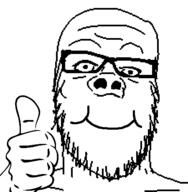 closed_mouth glasses hair hand smile soyjak stubble thumbs_up variant:a24_slowburn_soyjak // 450x459 // 17.3KB
