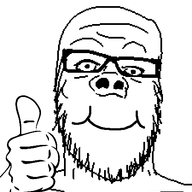 closed_mouth glasses hair hand smile soyjak stubble thumbs_up variant:a24_slowburn_soyjak // 450x459 // 17.3KB