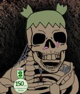 4chan anime badge bug dead green_hair hair irl_background oldfag open_mouth series:skeletonjaks skeleton skull soyjak spider text variant:feraljak web worm yotsoyba // 611x717 // 756.6KB
