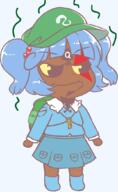 Warrior-Z(user) anime backpack baseball_cap blue_hair brown_skin cap closed_mouth clothes dress facial_mark forehead_mark goatee gyate_gyate hat kawashiro_nitori key looking_to_the_right meta:nas namefag_drama no_nose pigtails queen_of_spades smile stink_lines stinky subvariant:mexiaryan touhou transparent_background video_game yellow_sclera // 642x1043 // 64.3KB