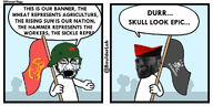 'toss anarchism anarcho-communism black_flag catalonia clothes comic communism crying flag hat helmet holding_object meta:tagme nas:gigachad red_flag skull stonetoss toss variant:cryboy_soyjak variant:soyak // 1000x498 // 357.8KB