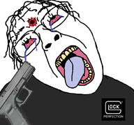 black_shirt blood blood_from_forehead blood_on_face bloodshot_eyes bullet_hole crying firearm glasses glock glock_19 gun gunshot_wound hair injury logo looking_up open_mouth pistol suicide tongue variant:bernd white_background yellow_teeth // 1024x957 // 227.7KB