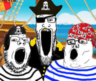 bandana clothes glasses golden_tooth multiple_soyjaks open_mouth pirate pirate_hat ship skeleton skull soyjak soyjak_trio stretched_mouth stubble uniform variant:gapejak variant:markiplier_soyjak variant:tony_soprano_soyjak water yellow_teeth // 750x632 // 473.2KB