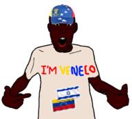 arm black_skin clothes country flag flag:israel flag:venezuela glasses hand hat i_am israel open_mouth pointing soyjak stubble text tshirt variant:shirtjak venezuela // 618x559 // 174.9KB