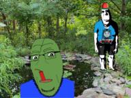 2soyjaks arm biting_lip blue_shirt bomb child closed_mouth clothes context_in_source dynamite evil fat fern foot frog full_body glasses green_skin imminent_death irl_background leaves leg lips neutral no_eyebrows no_nose oh_my_god_she_is_so_attractive ominous pepe pond propeller_hat soyjak stone stubble subvariant:hornyson thomas_the_tank_engine tnt tree variant:cobson vein // 2048x1536 // 5.9MB