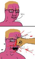 blood closed_mouth glasses grey_eyes hand mexico open_mouth pain pink_skins punch soyjak speech_bubble tan_skin variant:chudjak white_background yellow_hair // 1137x1920 // 538.0KB