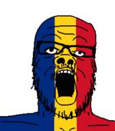 country flag flag:romania glasses mustache open_mouth romania soyjak stubble variant:a24_slowburn_soyjak // 454x520 // 8.0KB