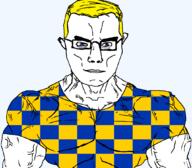 arm blue_eyes british buff closed_mouth clothes ear england eyes_like_the_o-o-cean flag flag:surrey glasses hair soyjak subvariant:chudjak_front subvariant:muscular_chud surrey trend:aryan tshirt united_kingdom variant:chudjak vein yellow_hair // 1059x929 // 41.5KB
