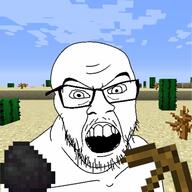 angry coal coal_(minecraft) desert glasses minecraft mustache open_mouth pickaxe pickaxe_(minecraft) soyjak stubble variant:feraljak video_game // 600x600 // 240.8KB